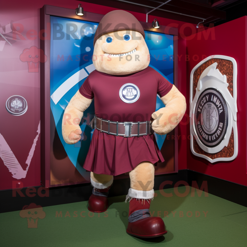 Maroon Celtic Shield mascot costume character dressed with a Running Shorts and Mittens Maroon Celtic Shield mascot costume character dressed with a Running Shorts and Mittens