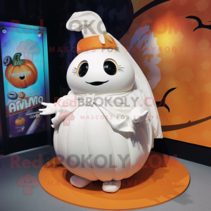 White Pumpkin mascot costume character dressed with a Wrap Skirt and Watches