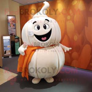 White Pumpkin mascot costume character dressed with a Wrap Skirt and Watches