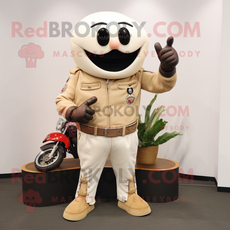 Beige Pepper mascot costume character dressed with a Biker Jacket and Shoe clips