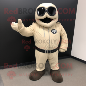 Beige Pepper mascot costume character dressed with a Biker Jacket and Shoe clips