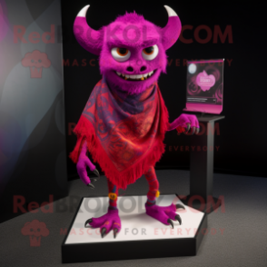 Magenta Demon mascot costume character dressed with a Henley Tee and Shawls