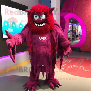 Magenta Demon mascot costume character dressed with a Henley Tee and Shawls