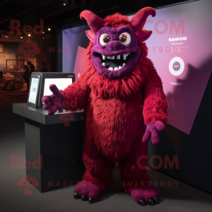 Magenta Demon mascot costume character dressed with a Henley Tee and Shawls