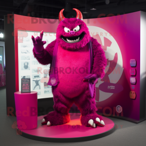 Magenta Demon mascot costume character dressed with a Henley Tee and Shawls