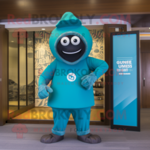Turquoise Guinness mascot costume character dressed with a One-Piece Swimsuit and Belts