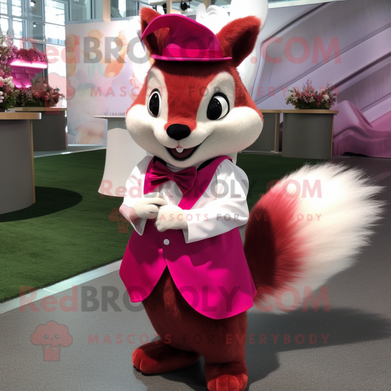 Magenta Squirrel mascot costume character dressed with a Wedding Dress and Bow ties Magenta Squirrel mascot costume character dressed with a Wedding Dress and Bow ties