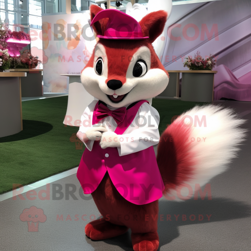 Magenta Squirrel mascot costume character dressed with a Wedding Dress and Bow ties