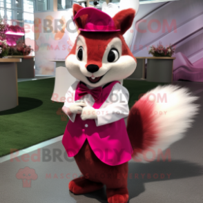 Magenta Squirrel mascot costume character dressed with a Wedding Dress and Bow ties