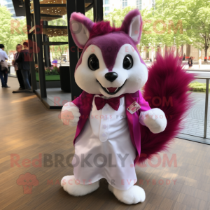 Magenta Squirrel mascot costume character dressed with a Wedding Dress and Bow ties