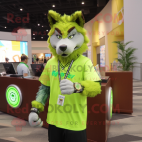 Lime Green Wolf mascot costume character dressed with a T-Shirt and Bracelet watches