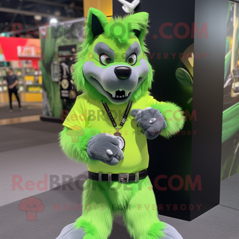 Lime Green Wolf mascot costume character dressed with a T-Shirt and Bracelet watches