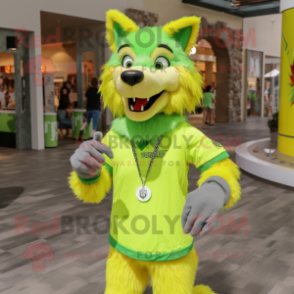 Lime Green Wolf mascot costume character dressed with a T-Shirt and Bracelet watches