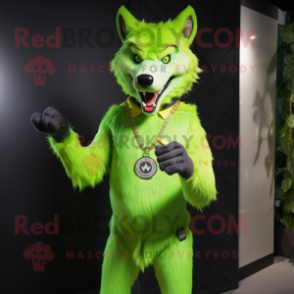 Lime Green Wolf mascot costume character dressed with a T-Shirt and Bracelet watches