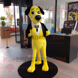 Lemon Yellow Dog mascot costume character dressed with a Tuxedo and Clutch bags