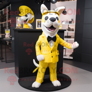 Lemon Yellow Dog mascot costume character dressed with a Tuxedo and Clutch bags