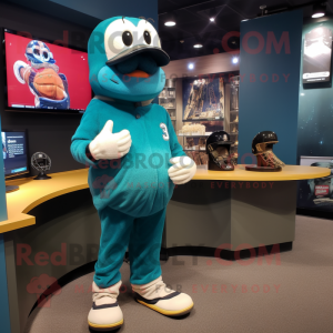 Teal Baseball Glove mascot costume character dressed with a Sweatshirt and Watches