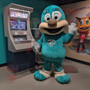 Teal Baseball Glove mascot costume character dressed with a Sweatshirt and Watches