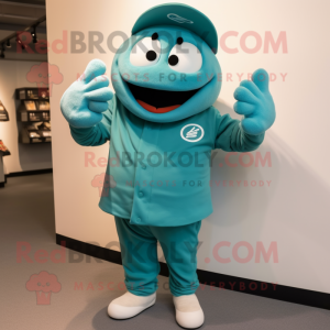 Teal Baseball Glove mascot costume character dressed with a Sweatshirt and Watches