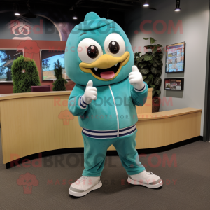 Teal Baseball Glove mascot costume character dressed with a Sweatshirt and Watches