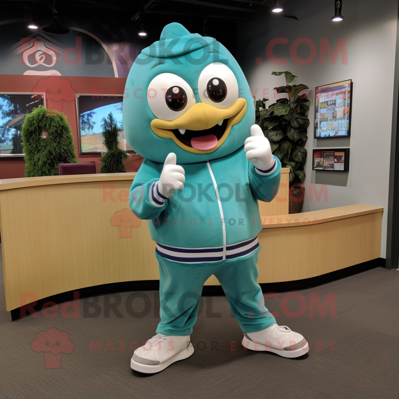 Teal Baseball Glove mascot costume character dressed with a Sweatshirt and Watches