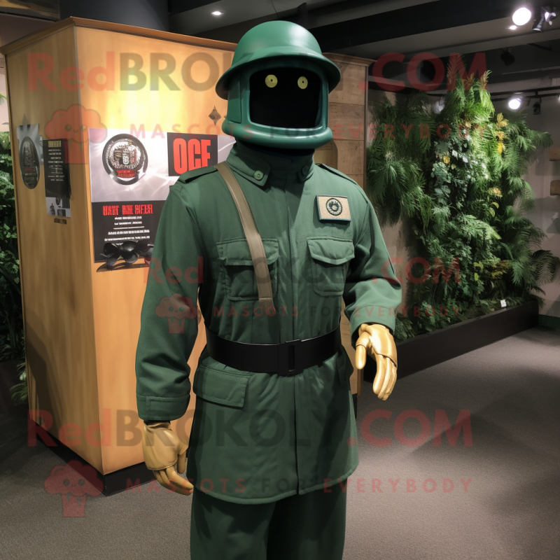 Forest Green Gi Joe mascot costume character dressed with a Midi Dress and Hat pins