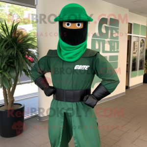 Forest Green Gi Joe mascot costume character dressed with a Midi Dress and Hat pins