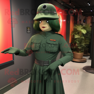 Forest Green Gi Joe mascot costume character dressed with a Midi Dress and Hat pins