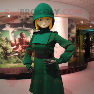 Forest Green Gi Joe mascot costume character dressed with a Midi Dress and Hat pins