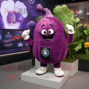 Purple Beet mascot costume character dressed with a Shorts and Digital watches