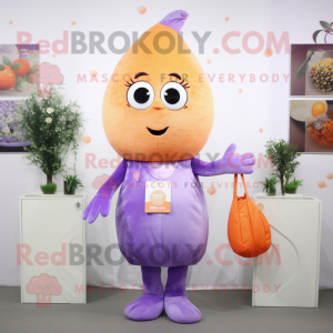 Lavender Apricot mascot costume character dressed with a V-Neck Tee and Clutch bags