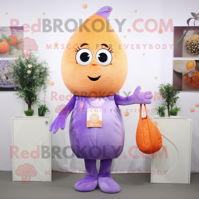 Lavender Apricot mascot costume character dressed with a V-Neck Tee and Clutch bags Lavender Apricot mascot costume character dressed with a V-Neck Tee and Clutch bags