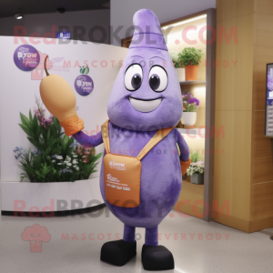 Lavender Apricot mascot costume character dressed with a V-Neck Tee and Clutch bags