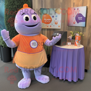 Lavender Apricot mascot costume character dressed with a V-Neck Tee and Clutch bags