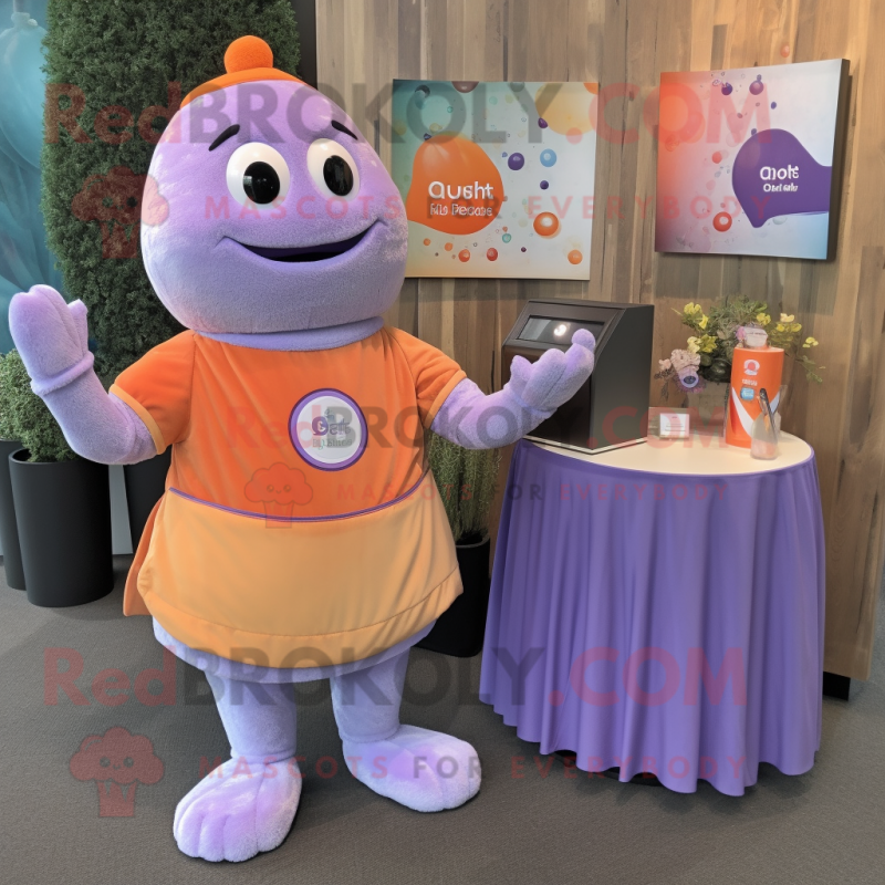 Lavender Apricot mascot costume character dressed with a V-Neck Tee and Clutch bags Lavender Apricot mascot costume character dressed with a V-Neck Tee and Clutch bags