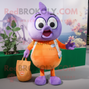 Lavender Apricot mascot costume character dressed with a V-Neck Tee and Clutch bags