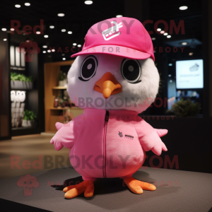Pink Quail mascot costume character dressed with a T-Shirt and Caps