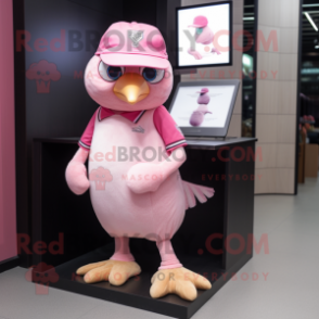 Pink Quail mascot costume character dressed with a T-Shirt and Caps