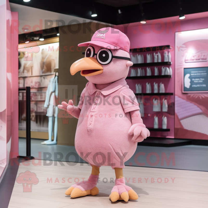 Pink Quail mascot costume character dressed with a T-Shirt and Caps