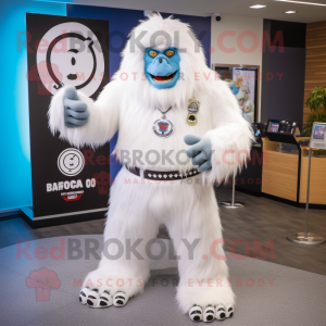 White Sasquatch mascot costume character dressed with a Polo Tee and Rings