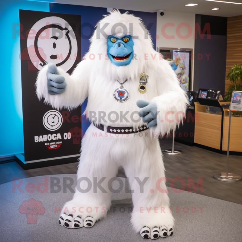 White Sasquatch mascot costume character dressed with a Polo Tee and Rings White Sasquatch mascot costume character dressed with a Polo Tee and Rings