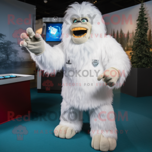 White Sasquatch mascot costume character dressed with a Polo Tee and Rings