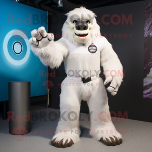 White Sasquatch mascot costume character dressed with a Polo Tee and Rings