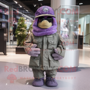 Lavender Air Force Soldier mascot costume character dressed with a Parka and Hats