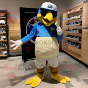 Gold Blue Jay mascot costume character dressed with a Board Shorts and Gloves