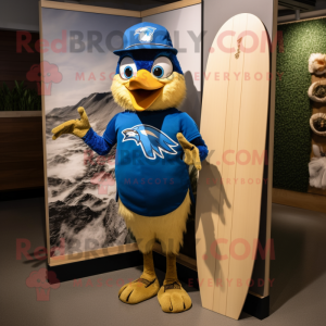 Gold Blue Jay mascot costume character dressed with a Board Shorts and Gloves