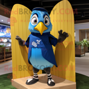 Gold Blue Jay mascot costume character dressed with a Board Shorts and Gloves