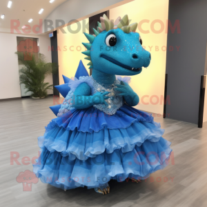 Blue Ankylosaurus mascot costume character dressed with a Ball Gown and Hairpins