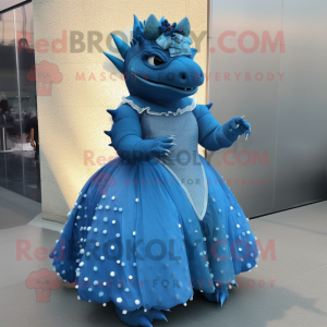 Blue Ankylosaurus mascot costume character dressed with a Ball Gown and Hairpins