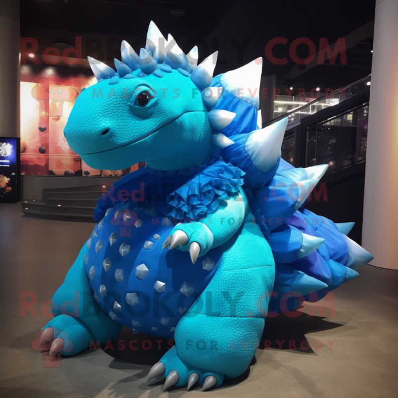 Blue Ankylosaurus mascot costume character dressed with a Ball Gown and Hairpins Blue Ankylosaurus mascot costume character dressed with a Ball Gown and Hairpins